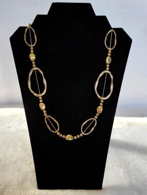 ​Antiqued Gold Tone Hammered Abstract Oval Link Statement Necklace & Beaded Cord